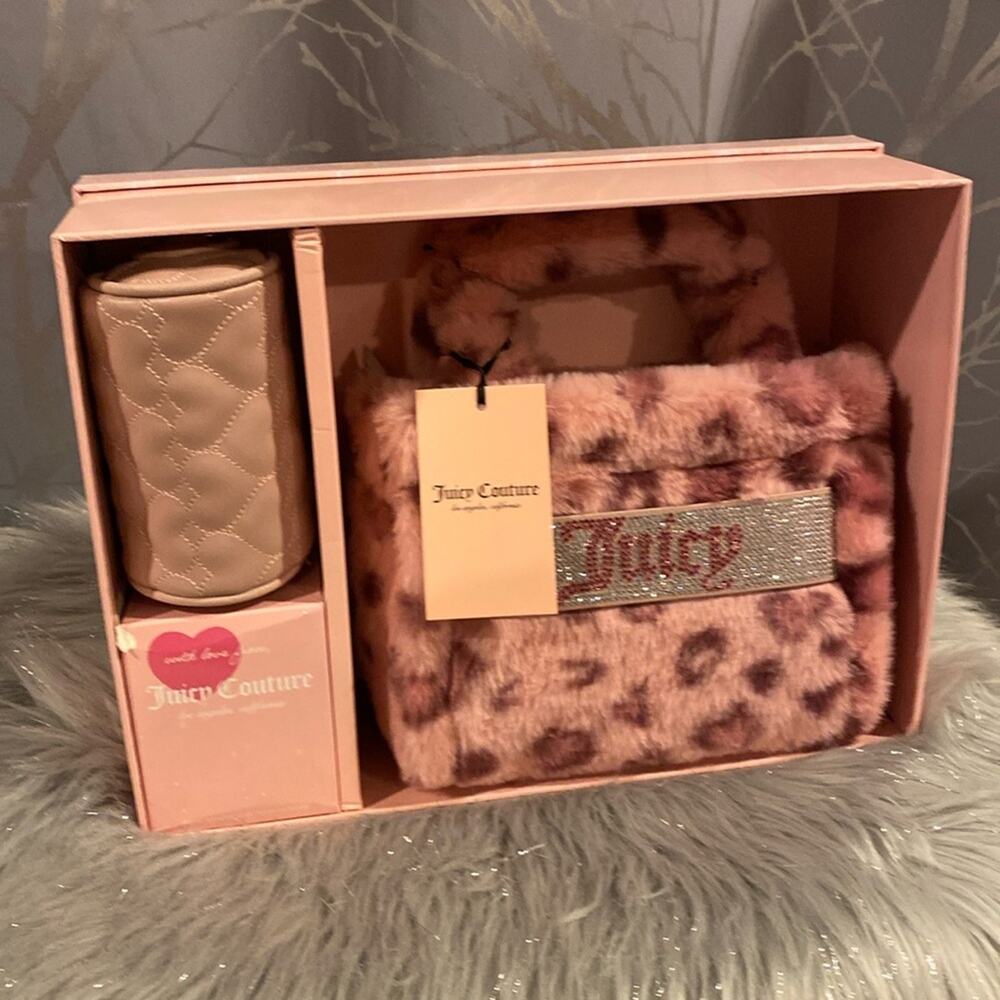 BNWT JUICY COUTURE Pink Leopard Viral Furry Satchel and Coin Purse Gift Box Set